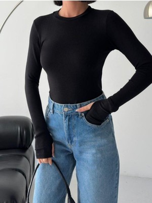 Betnur Kadın Modal Kumaş Bisiklet Yaka Parmak Geçirmeli Bady Bluz