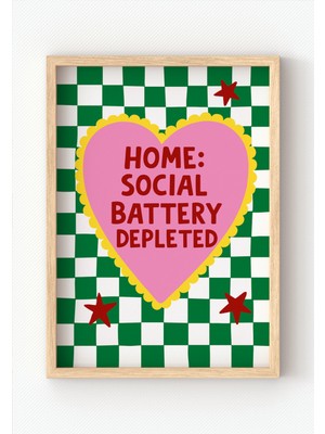 Miovi Works Home: Social Battery Low | Çerçeveli Modern Minimal Tipografik Salon Duvar Dekorasyonu Poster Tablo