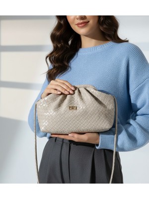 BSR Luisant Kadın Logolu Örgü Detaylı Yumuşak Formlu Clutch Çanta, El ve Omuz Portföy Çanta