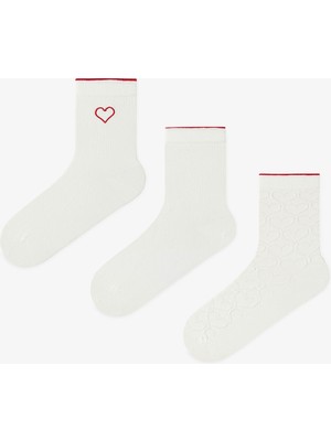 Penti 3 Çift Burun Dikişsiz Pamuklu Kırmızı Kalp Kabartma Desenli Soket Çorap