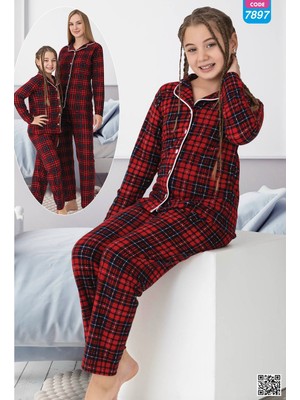 Angel Valeska Ekose Desenli Düğmeli Uzun Kollu Anne Kız Pijama Takımı