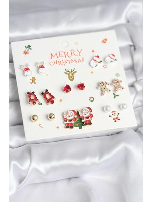 Değirmen Grup Yılbaşı Temalı Karışık Model 8 Çift Yılbaşı Temalı Kadın Küpe Seti - Lisinya