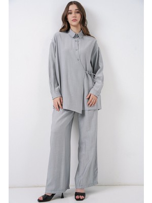 Hiccup Kadın Bdart Bağlama Detaylı Gömlek Yakalı Tunik-Pantolon Takım Gri