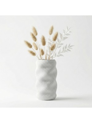 Atatuğ Hediyelik Modern Dalgalı Tasarım Beyaz Dokulu Vazo - Kumtaşı Görünümlü Dekoratif Obje (16CM)