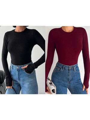 Betnur Kadın Pamuklu Parmak Geçirmeli Bisiklet Yaka Bady Bluz