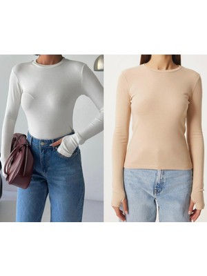 Betnur Kadın Pamuklu Parmak Geçirmeli Bisiklet Yaka Bady Bluz