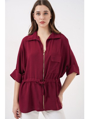 Hiccup Kadın Bdart Dokulu Cepli Fermuarlı Gömlek Bordo Kırmızı