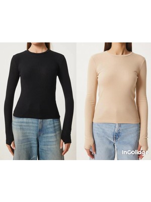 Betnur Kadın Pamuklu Parmak Geçirmeli Bisiklet Yaka Bady Bluz