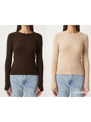 Betnur Kadın Pamuklu Parmak Geçirmeli Bisiklet Yaka Bady Bluz