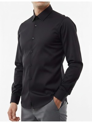 Sdnyazo Erkek Siyah Gömlek Regular Slim Pamuklu Likralı Klasik Yaka