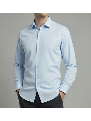 Sdnyazo Erkek Açık Mavi Gömlek Regular Slim Pamuklu Likralı Klasik Yaka