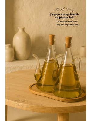 Özbience 3 Parça Ahşap Standlı Yağdanlık Seti 500ML, Mantar Kapaklı Cam Şişe