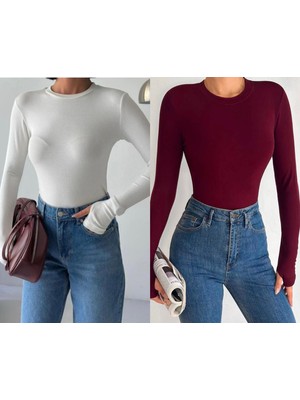 Betnur Kadın Pamuklu Parmak Geçirmeli Bisiklet Yaka Bady Bluz