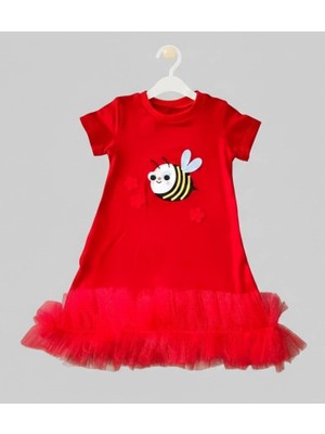 Biçomi 1-2-3 Yaş Arıcık Nakışlı Eteği Fırfırlı Jile Kız Çocuk Elbisesi Kırmızı