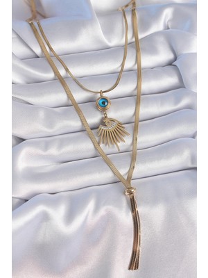 Skygo 316L Çelik Gold Renk 2'li Zincir Italyan Zincir Göz Model Zirkon Taşlı Kadın Kolye - TJ-BKO9384