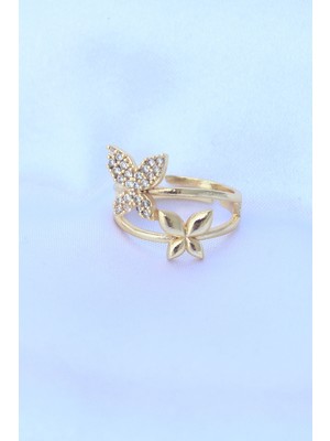 Vice Avm Pirinç Gold Renk Ayarlanabilir Zirkon Taşlı Kelebek Yüzük - TJ-BYK3190 TG-V 2729