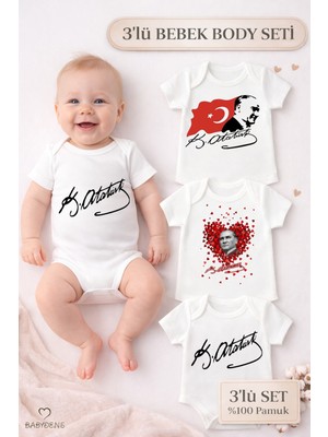 Babyden's Atatürk Imzalı 3’lü Bebek Body Seti – %100 Pamuk, Kısa Kollu, Yenidoğan & Bebek Zıbın (0-24 Ay)