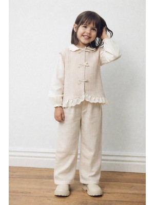 Aydede Kids Kız Çocuk Müslin Alt Üst Takım Yelekli Dantelli Fiyonk Detaylı %100 Pamuk