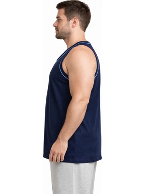 Justas Erkek Rambo Atlet Pamuklu Beyaz Biyeli Geniş Askılı Battal Beden Lacivert