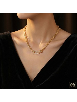 CM Jewelry Vıp Seri 316L Çelik 14K Gold Renk Işıltılı Geçme Zincir Kolye (Kararmaz Garantili)
