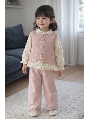 Aydede Kids Kız Çocuk Müslin Alt Üst Takım Yelekli Dantelli Fiyonk Detaylı %100 Pamuk