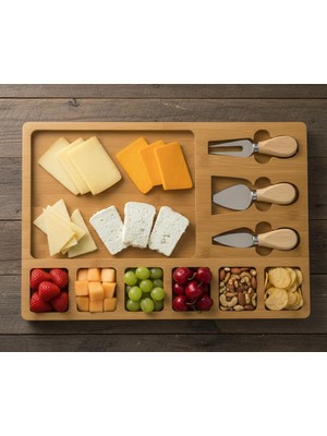 Barotti Ahşap Peynir Servis Tabağı 6+1 Bölmeli – 3’lü Peynir Bıçağı Seti Şarküteri Sunum Tahtası