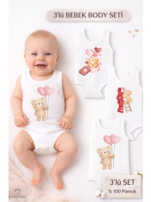 Babyden's 3’lü Bebek Body Seti %100 Pamuk Ayıcık Desenli Sevgililer Günü Bebek Body Kolsuz Çıtçıtlı Zıbın