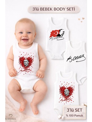 Babyden's 3’lü Atatürk Temalı Bebek Body Seti %100 Pamuk Kolsuz Çıtçıtlı Zıbın | Yenidoğan & Bebek Body Takımı