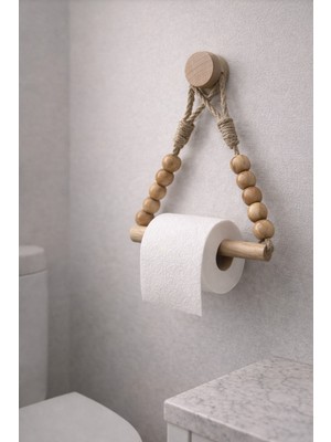 Tuvalet Kağıtlığı Yapışkanlı Ahşap Jüt Halatlı Bohem Dekoratif WC Kağıtlık