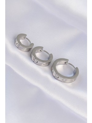 Kyops 316L Çelik Gümüş Renk Zirkon Taşlı Model 3lü Halka Küpe - Lisinya