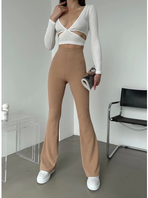 Kyops Şık ve Rahat Yüksek Bel Ispanyol Paça Fitilli Toparlayıcı Bej Tayt ( Lisinya )