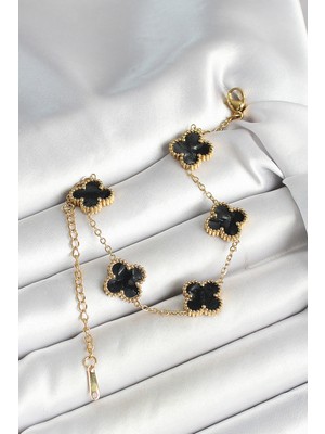 Kyops 316L Çelik Sedefli Siyah Gold Renk Yonca Kadın Bileklik - Lisinya