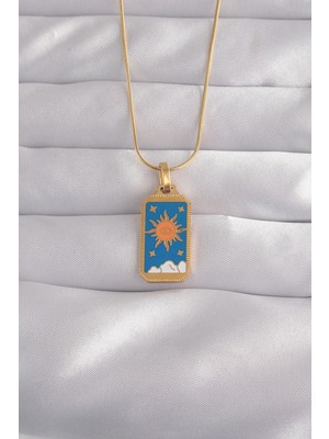 Kyops 316L Çelik Gold Renk Mavi Mineli Güneş Model Tarot Kolye - Lisinya