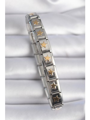 Kyops 316L Çelik Gümüş Renk Gold Yıldız Işleme Nomination Charm Bileklik - Lisinya