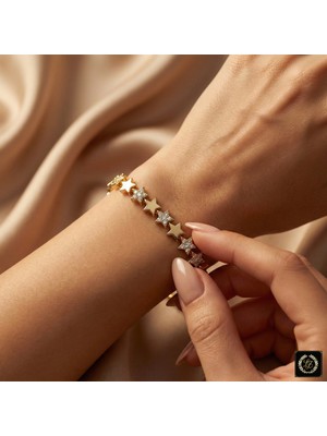 Vıp Seri 316L Çelik 14K Gold Renk Zirkon Taşlı Sıralı Yıldız Bileklik (Kararmaz Garantili)