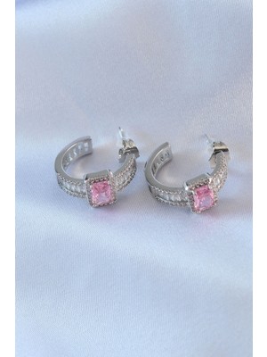 Kyops Vıp Seri Gümüş Renk Yarım Halka Model Zirkon Taşlı Pirinç Kadın Küpe - Lisinya