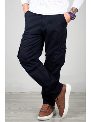 DeepSEA Lacivert Geniş Kesim Gabardin Kargo Pantolon – Likralı Outdoor Stil Çok Cepli Erkek Pantolon 1705421