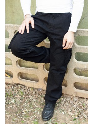 DeepSEA Siyah Geniş Kesim Gabardin Kargo Pantolon – Likralı Outdoor Stil Çok Cepli Erkek Pantolon 1705421