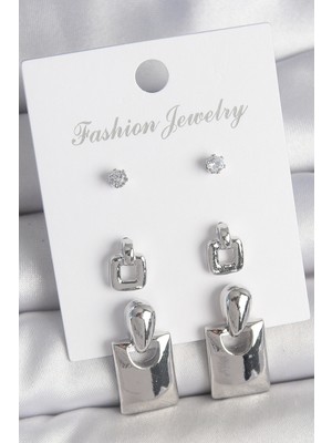 Kyops Pirinç Gümüş Renk Zirkon Taş Detay Sallantılı Kare Model 3 Çift Kadın Küpe Seti - Lisinya