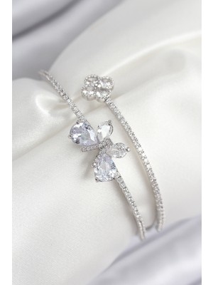 Kyops Pirinç Zirkon Taşlı Kelebek ve Yonca Model Gümüş Renk Kadın Bileklik - Lisinya