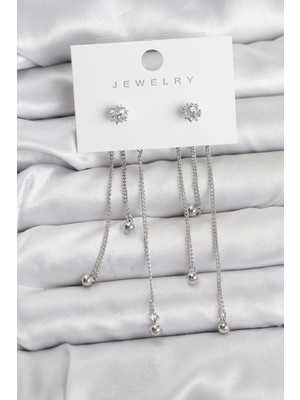 Kyops Topçuk Model Gümüş Renk Pirinç Sallantılı Kadın Küpe Seti - Lisinya