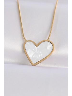 Kyops 316L Çelik Zincir Altın Renk Mermer Desenli Kalp Kolye - Lisinya