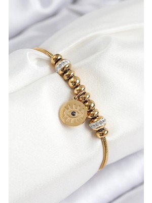 Kyops 316L Çelik Zirkon Taşlı Göz Charm Model Gold Renk Kadın Bileklik - Lisinya