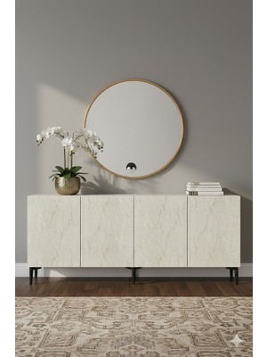 Yumedi Design KA1899BT - Didema Konsol, Tv Sehpası, Çok Amaçlı Dolap ve Kahve Köşesi 180CM Beyaz-Traverten