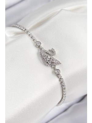 Kyops Pirinç Zirkon Taşlı Kuğu Model Gümüş Renk Kadın Bileklik - Lisinya