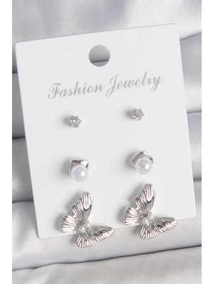 Kyops Pirinç Gümüş Renk Zirkon Taşlı Inci Detaylı Kelebek Model 3 Çift Kadın Küpe Seti - Lisinya