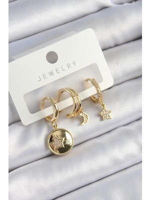 Kyops Pirinç Zirkon Taşlı Yıldız ve Ay Model Gold Renk 3'lü Çift Kadın Küpe Set - Lisinya