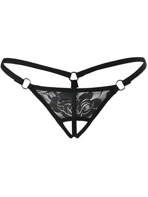 Hatıra Kutusu Siyah Dantelli Özel Bölgesi Açık G-String TM1167