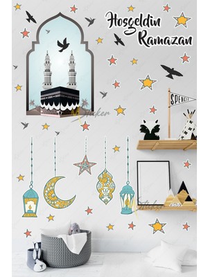 Özbience Ramazan Temalı Cam Duvar Sticker, Kabe, Kuş ve Fener Figürleri