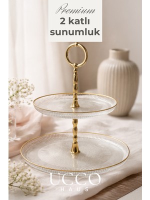 Ucco 2 Katlı Sensu Premium Lüks Gold Cam Sunumluk Tabak | Çay Saati Kahve Yanı Kek Kurabiye Lokum Standı